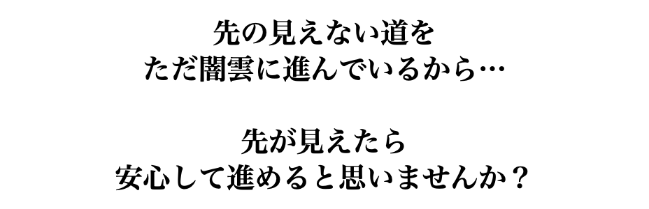 先の見えない道を ただ闇雲に進んでいるから… 先が見えたら 安心して進めると思いませんか？